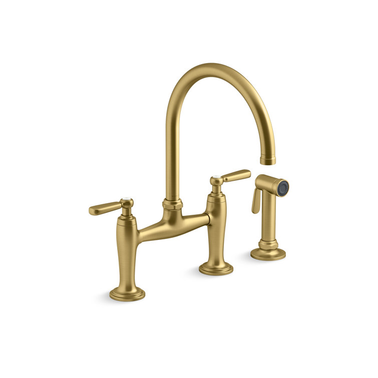 Edalyn by Studio McGee Two-Hole Bridge Kitchen Sink Faucet with Side Sprayer Vibrant Brushed Moderne Brass